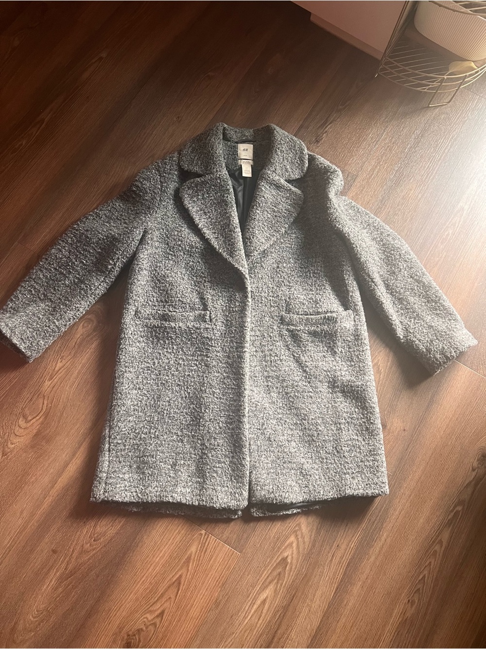 H&M Gray Teddy Bouclé Coat with Notch Collar
